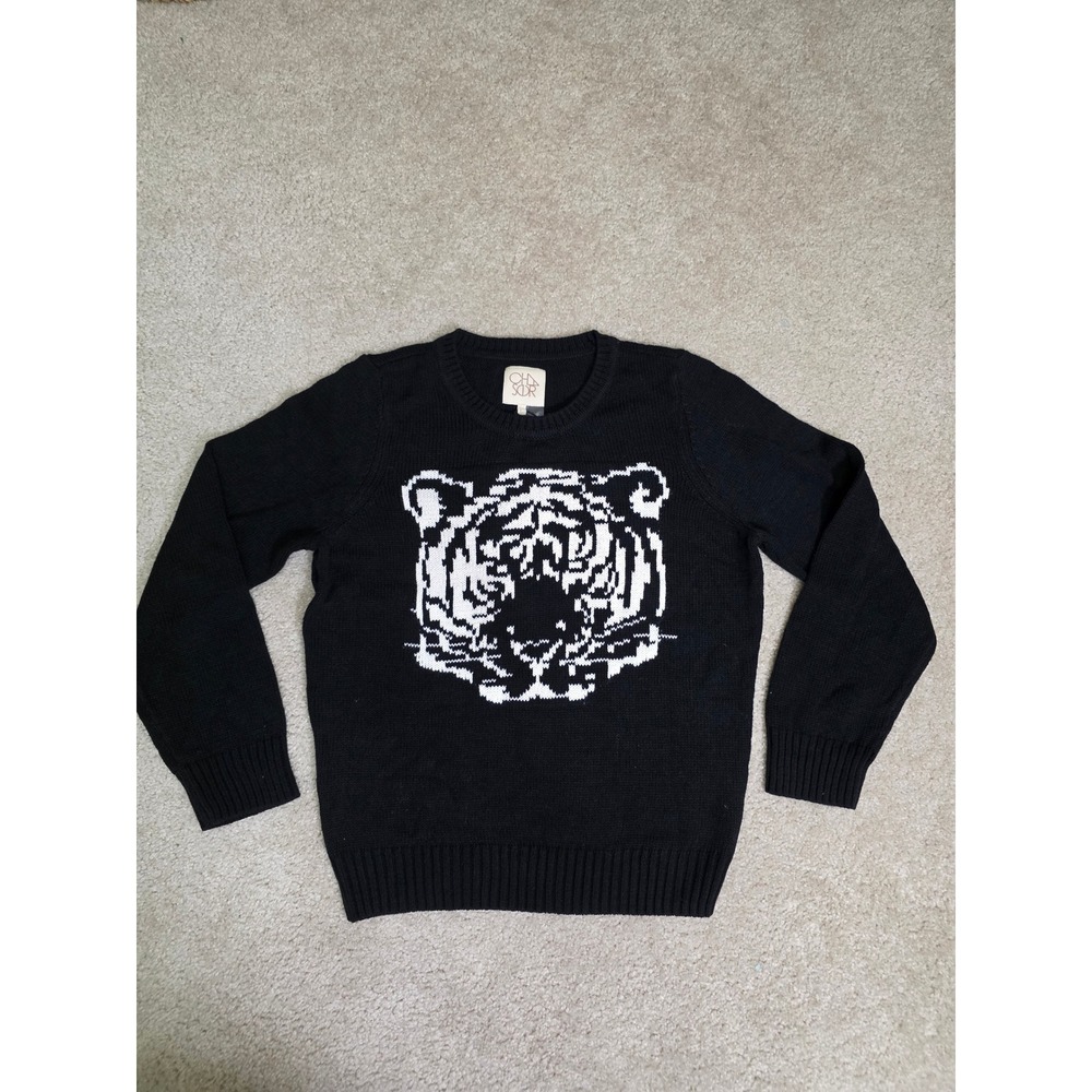 Chaser Womens Black White Tiger Graphic Intarsia Knit Crewneck Sweater Large NWT